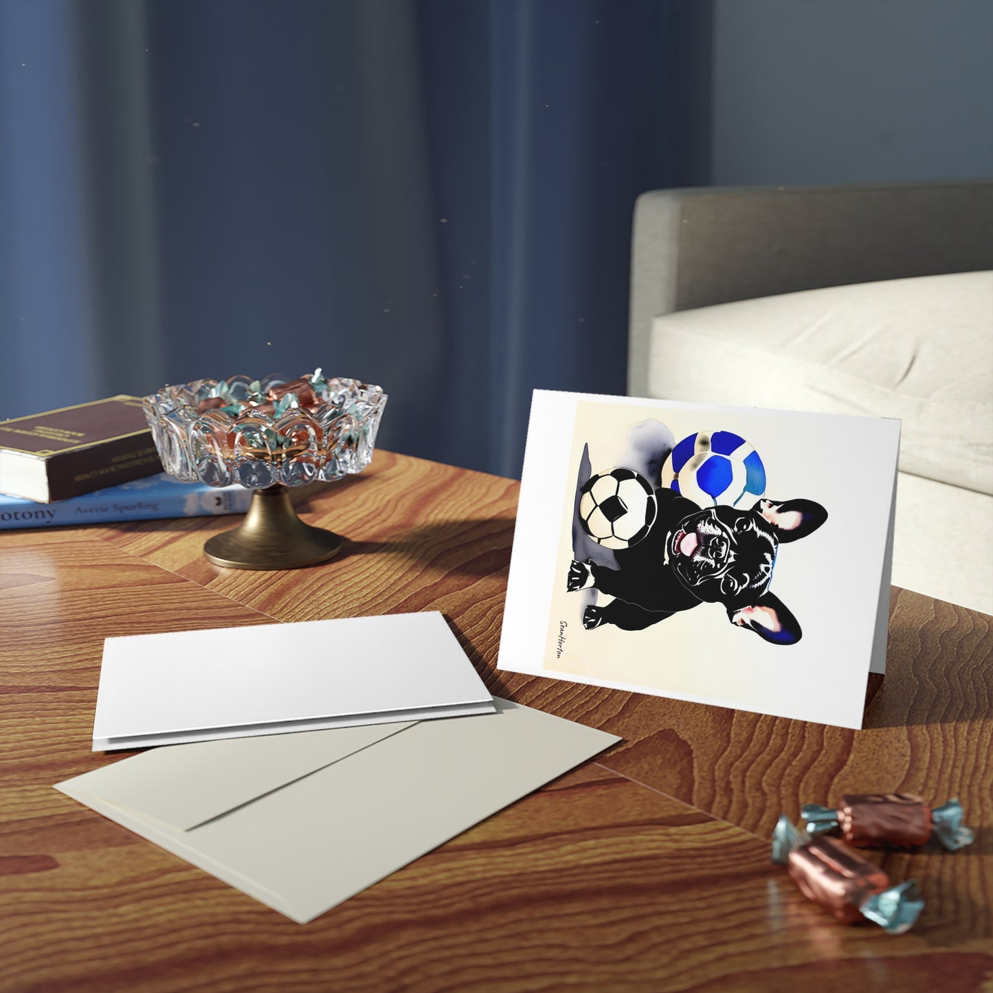 Frenchie with a Soccer Ball Greeting cards (8, 16, and 24 pcs)