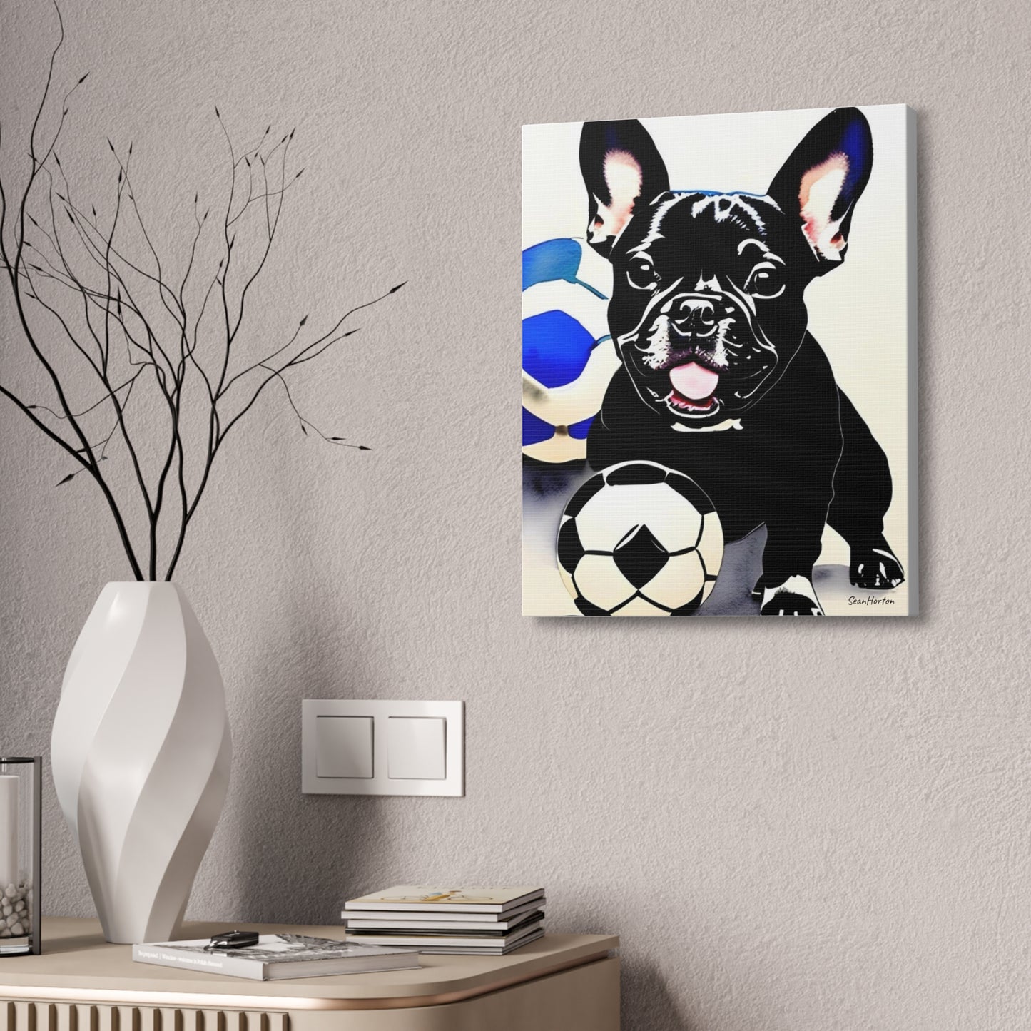 Frenchie with a Soccer Ball (Verticle) Canvas Stretched, 1.5''