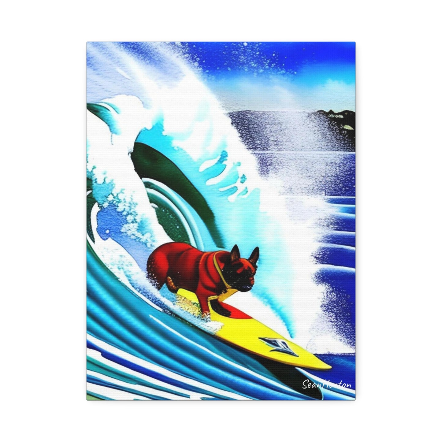 Surfing Frenchie (Verticle) Canvas Stretched, 1.5''