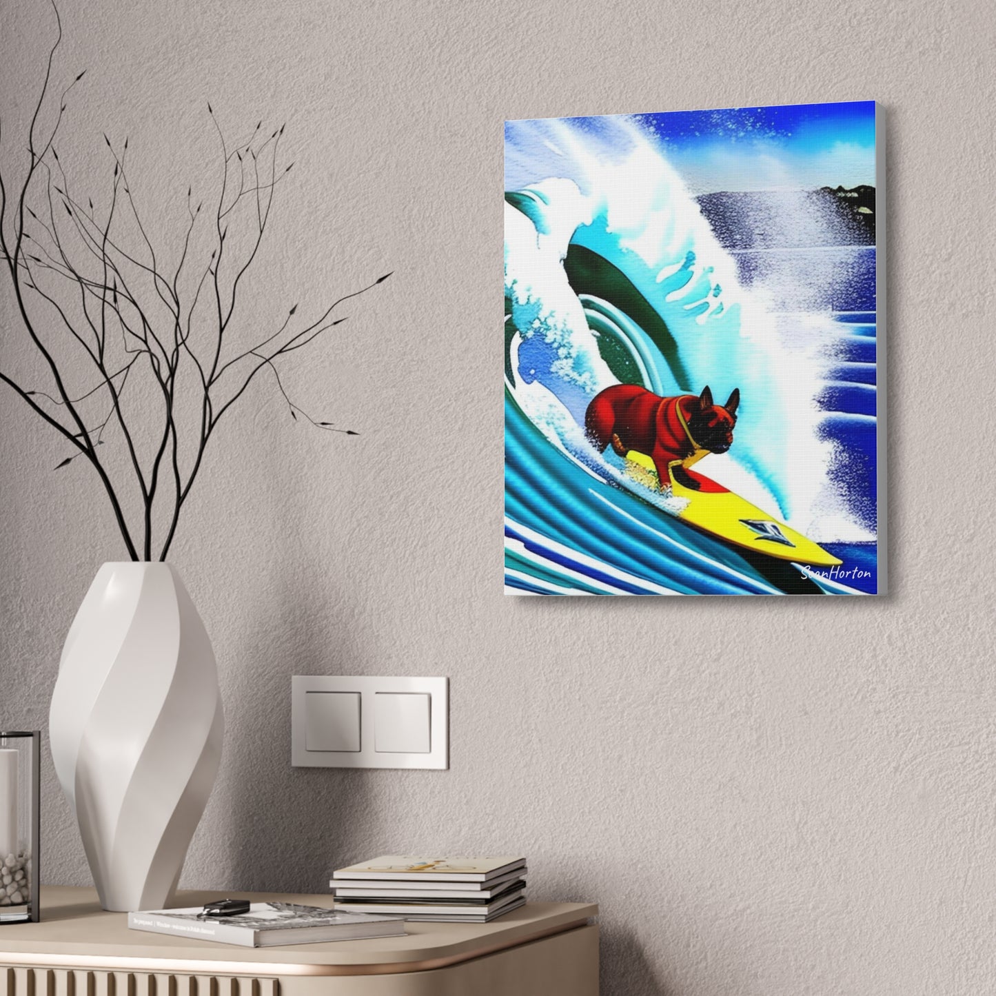 Surfing Frenchie (Verticle) Canvas Stretched, 1.5''