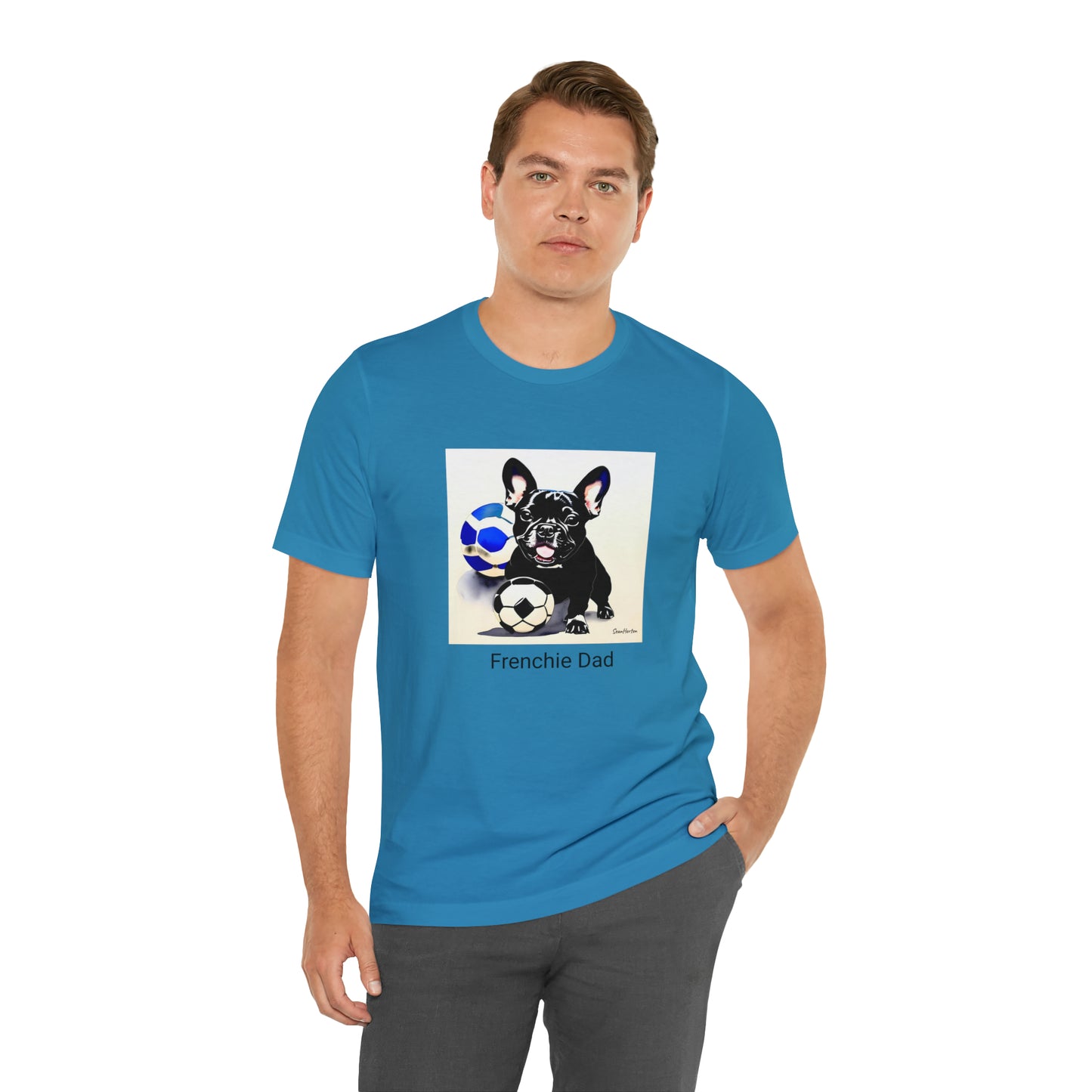 Frenchie with Soccer Ball/Frenchie Dad Unisex Jersey Short Sleeve Tee