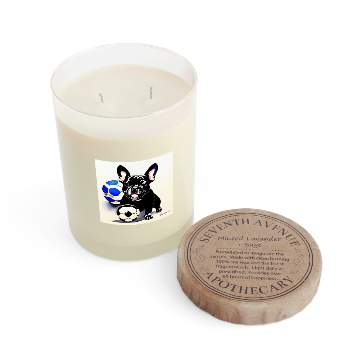 Frenchie with a Soccer Ball Scented Candle - Full Glass, 11oz