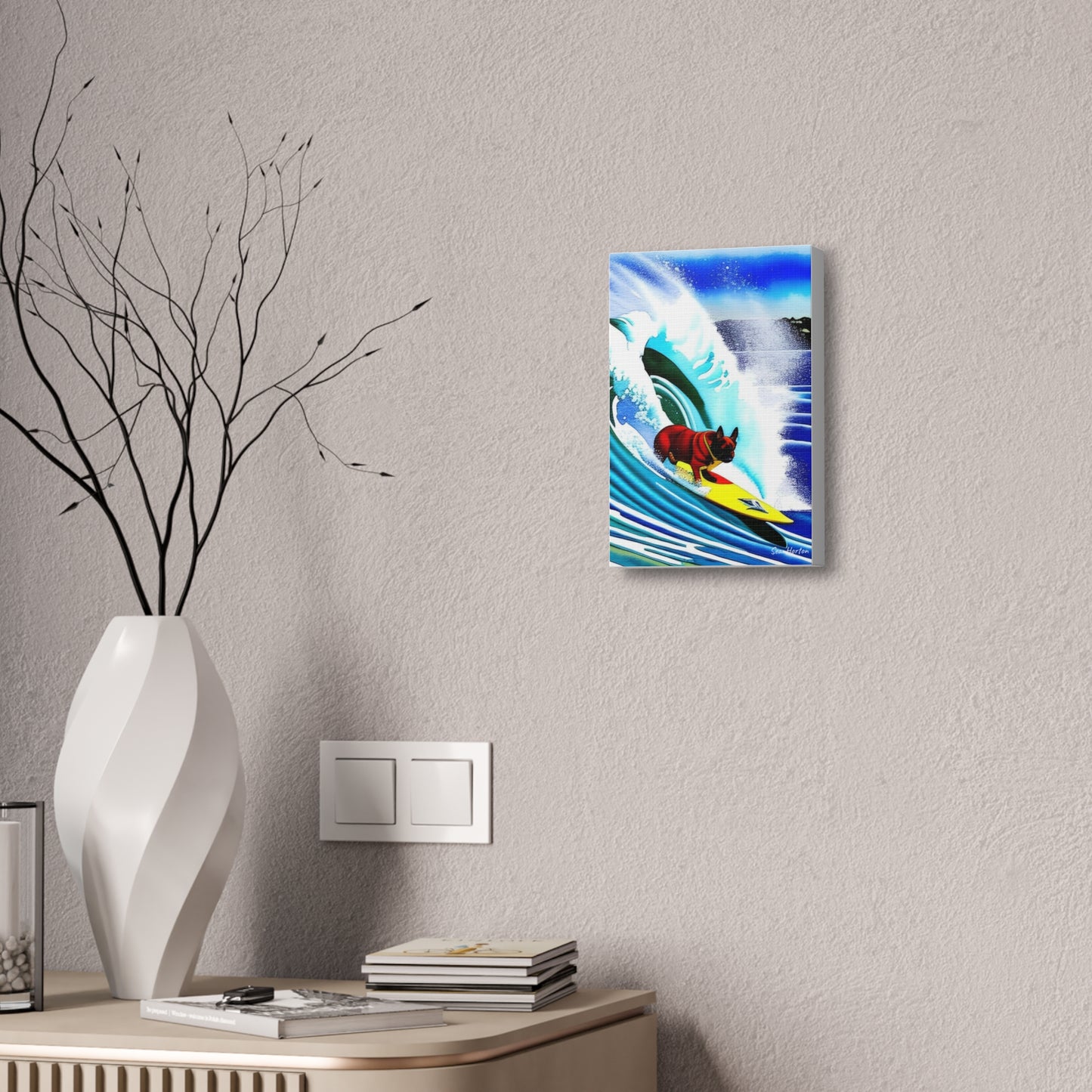 Surfing Frenchie (Verticle) Canvas Stretched, 1.5''