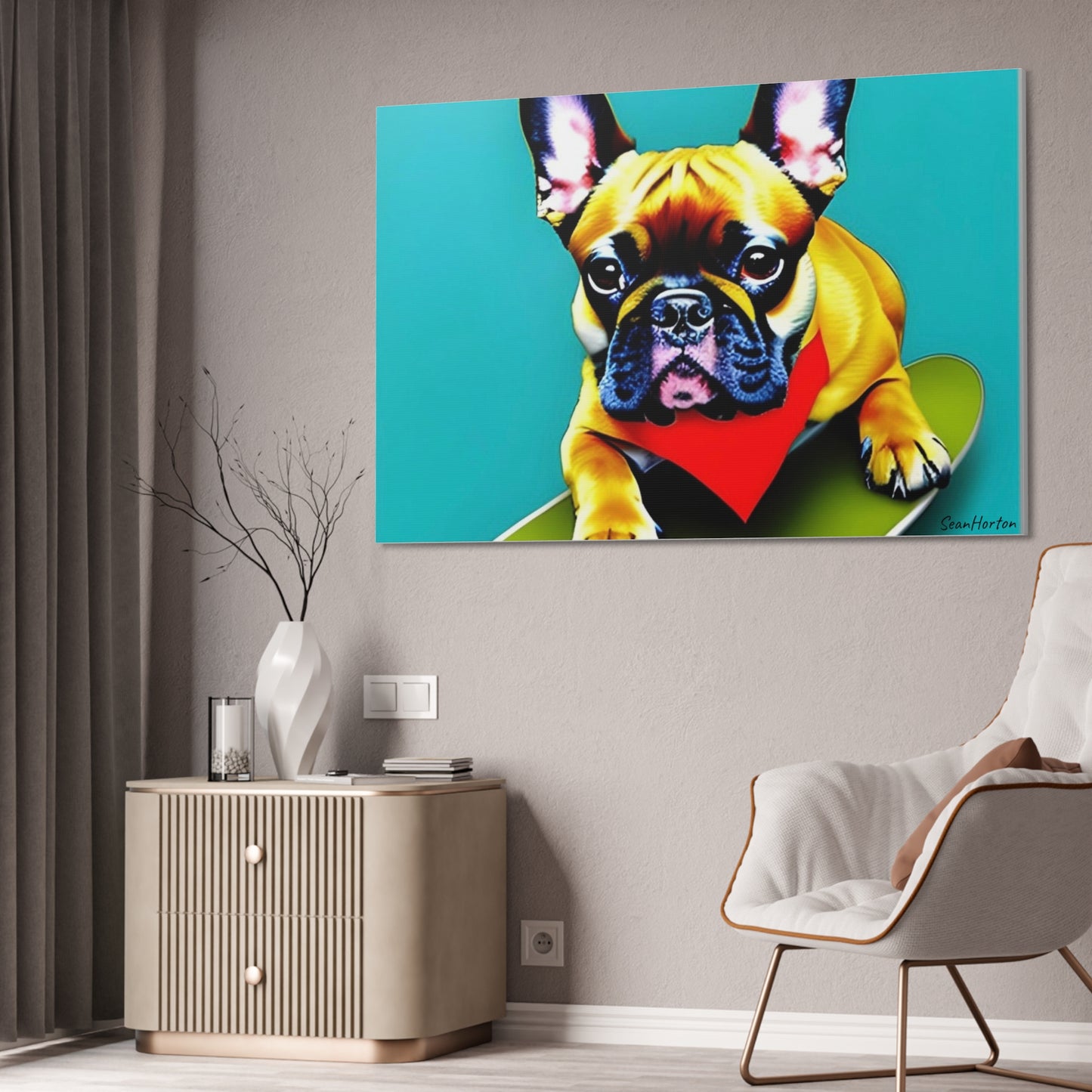 Frenchie on a Skateboard #2 (Horizontal) Canvas Stretched, 1.5''