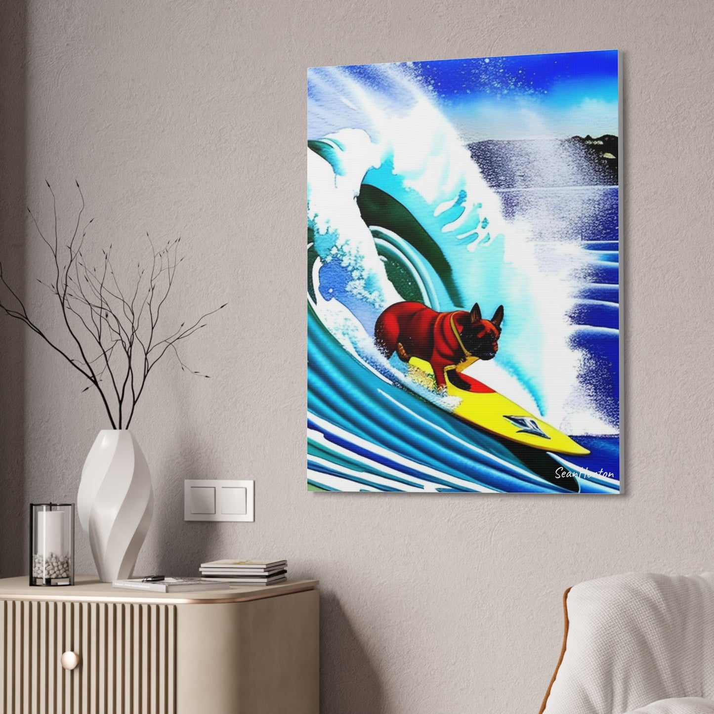 Surfing Frenchie (Verticle) Canvas Stretched, 1.5''
