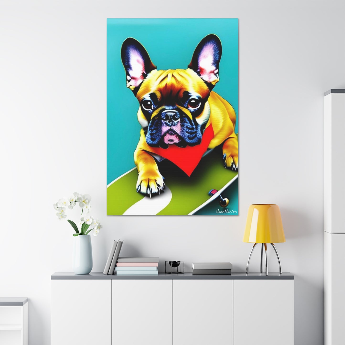 Frenchie on a Skateboard #2 (Verticle) Canvas Stretched, 1.5''