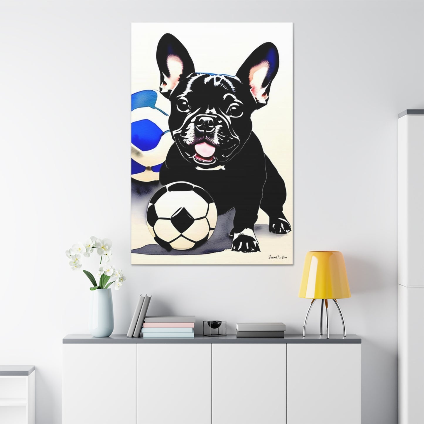 Frenchie with a Soccer Ball (Verticle) Canvas Stretched, 1.5''