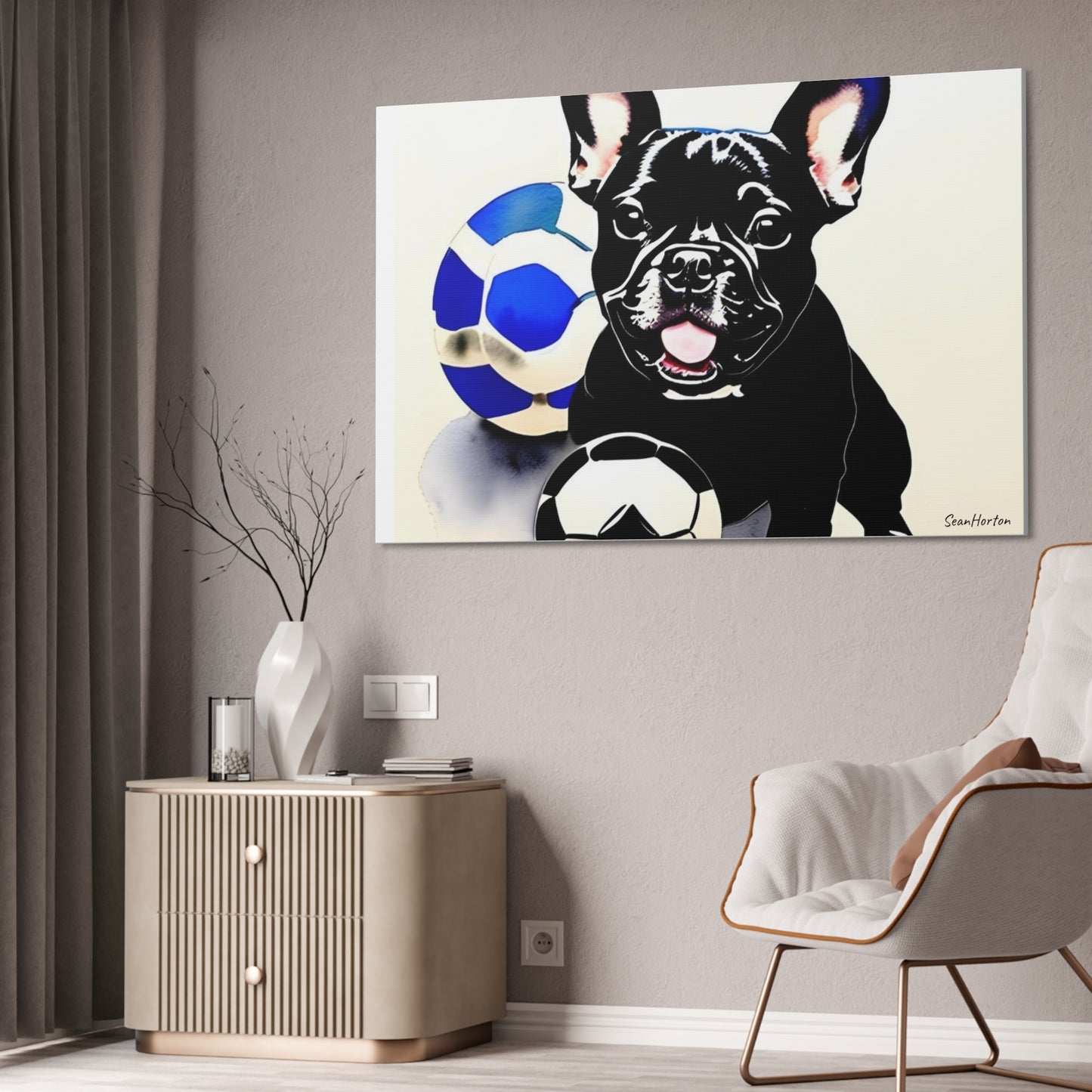 Frenchie with a Soccer Ball(Horizontal) Canvas Stretched, 1.5''