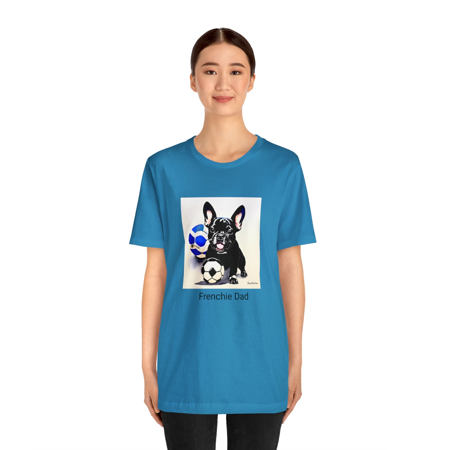 Frenchie with Soccer Ball/Frenchie Dad Unisex Jersey Short Sleeve Tee