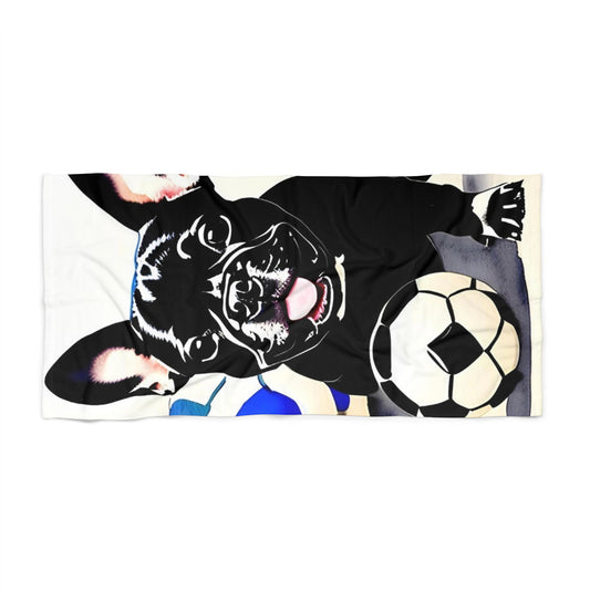 Frenchie with a Soccer Ball Beach Towel
