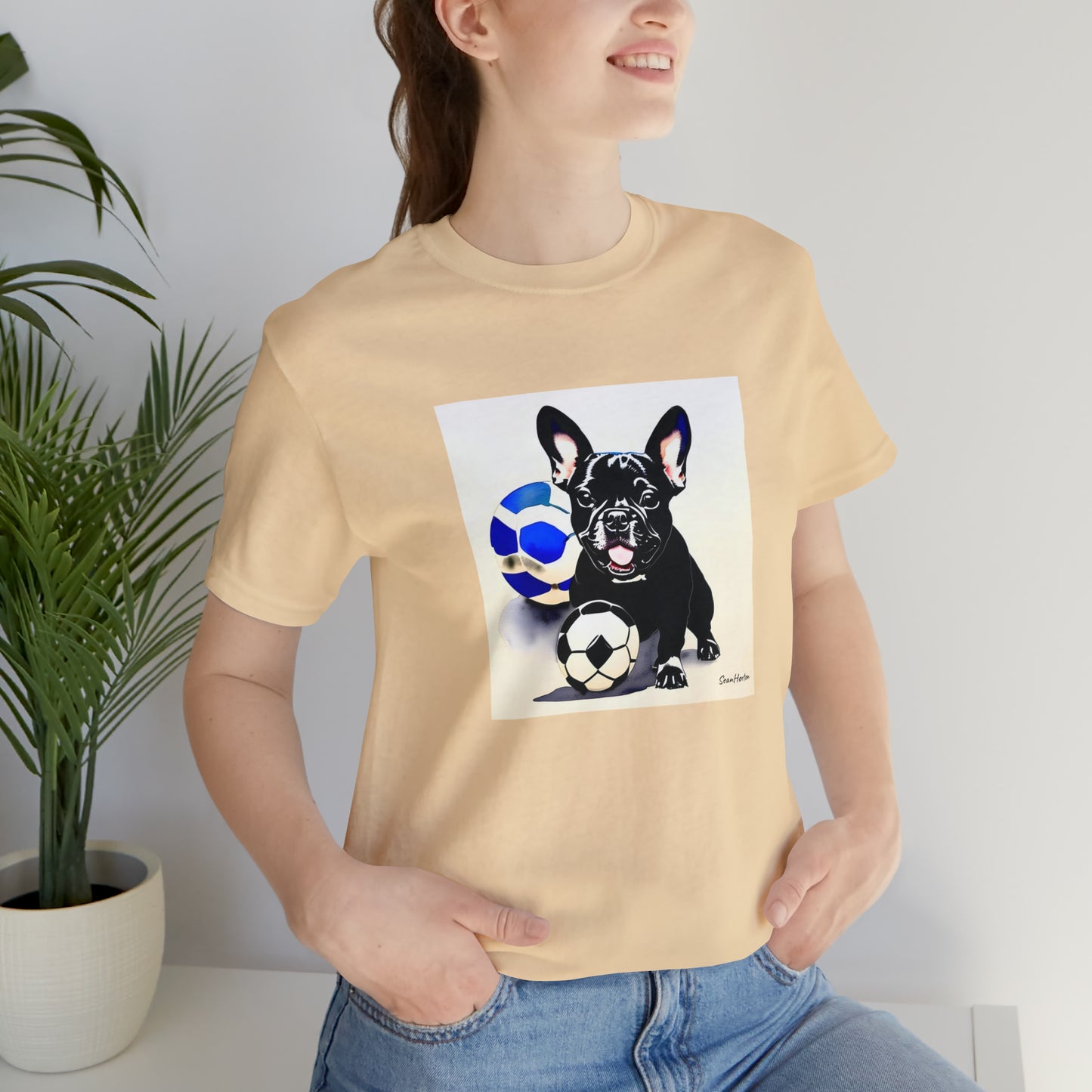 Frenchie with Soccer Ball Unisex Jersey Short Sleeve Tee