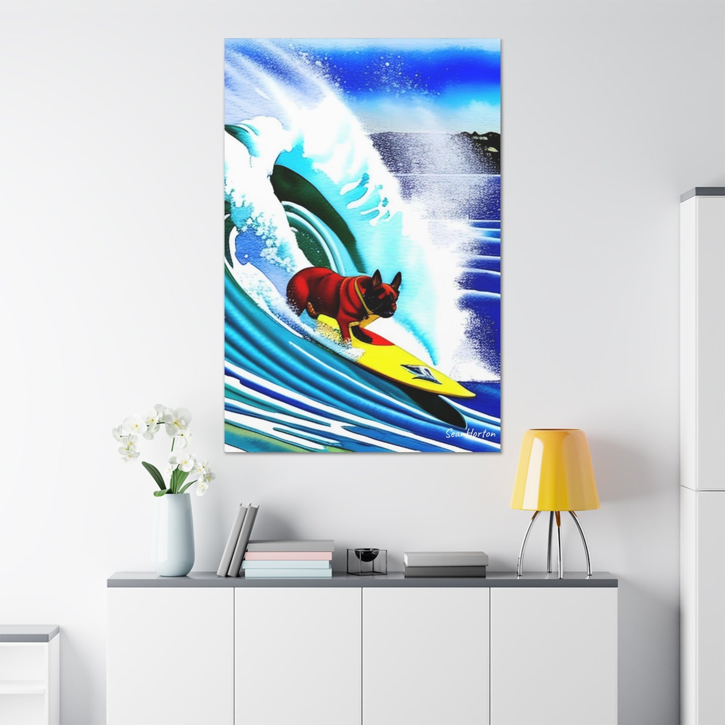 Surfing Frenchie (Verticle) Canvas Stretched, 1.5''