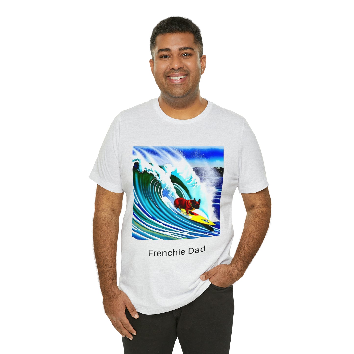 Surfing Frenchie/Frenchie Dad Unisex Jersey Short Sleeve Tee