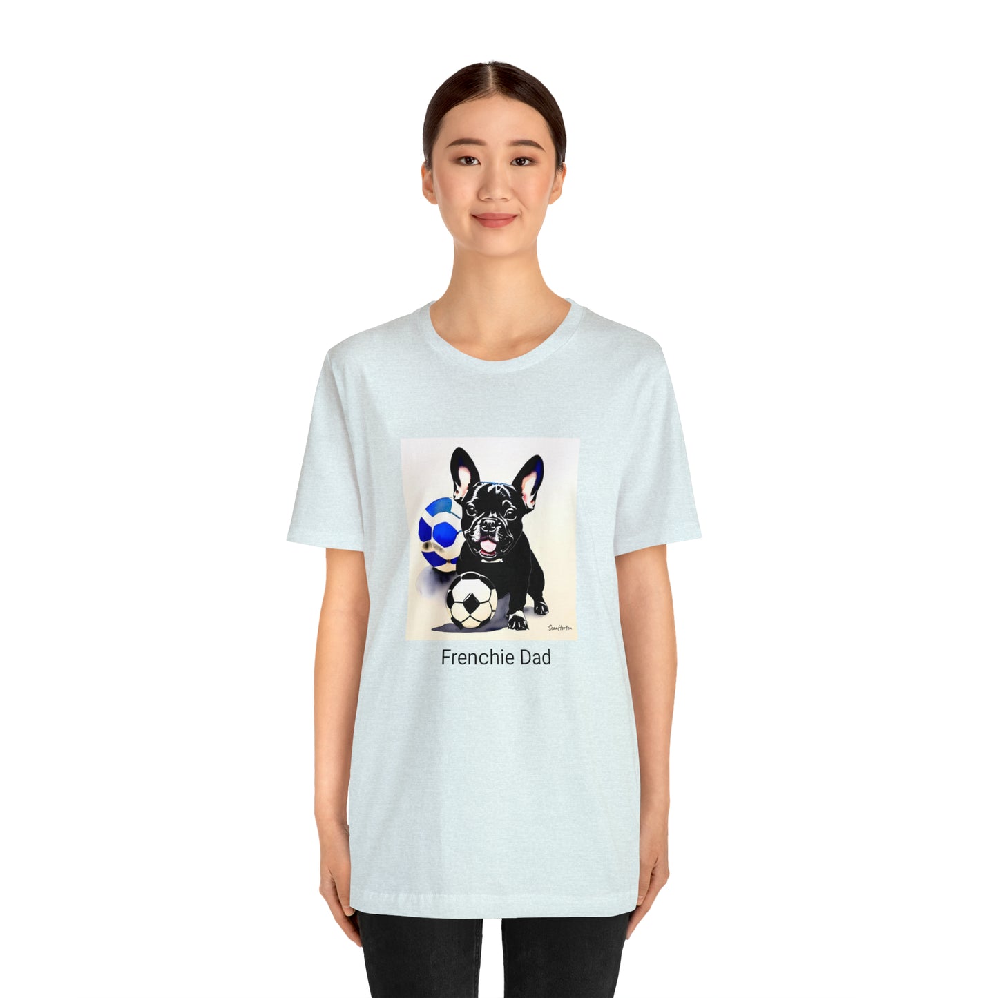 Frenchie with Soccer Ball/Frenchie Dad Unisex Jersey Short Sleeve Tee