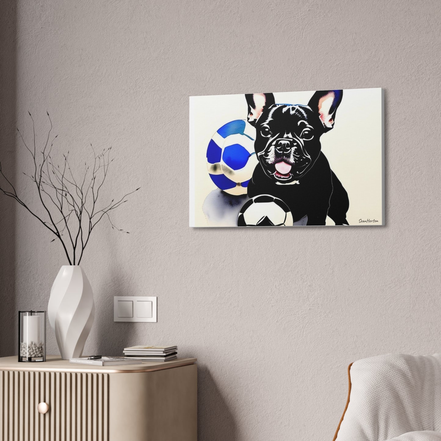 Frenchie with a Soccer Ball(Horizontal) Canvas Stretched, 1.5''