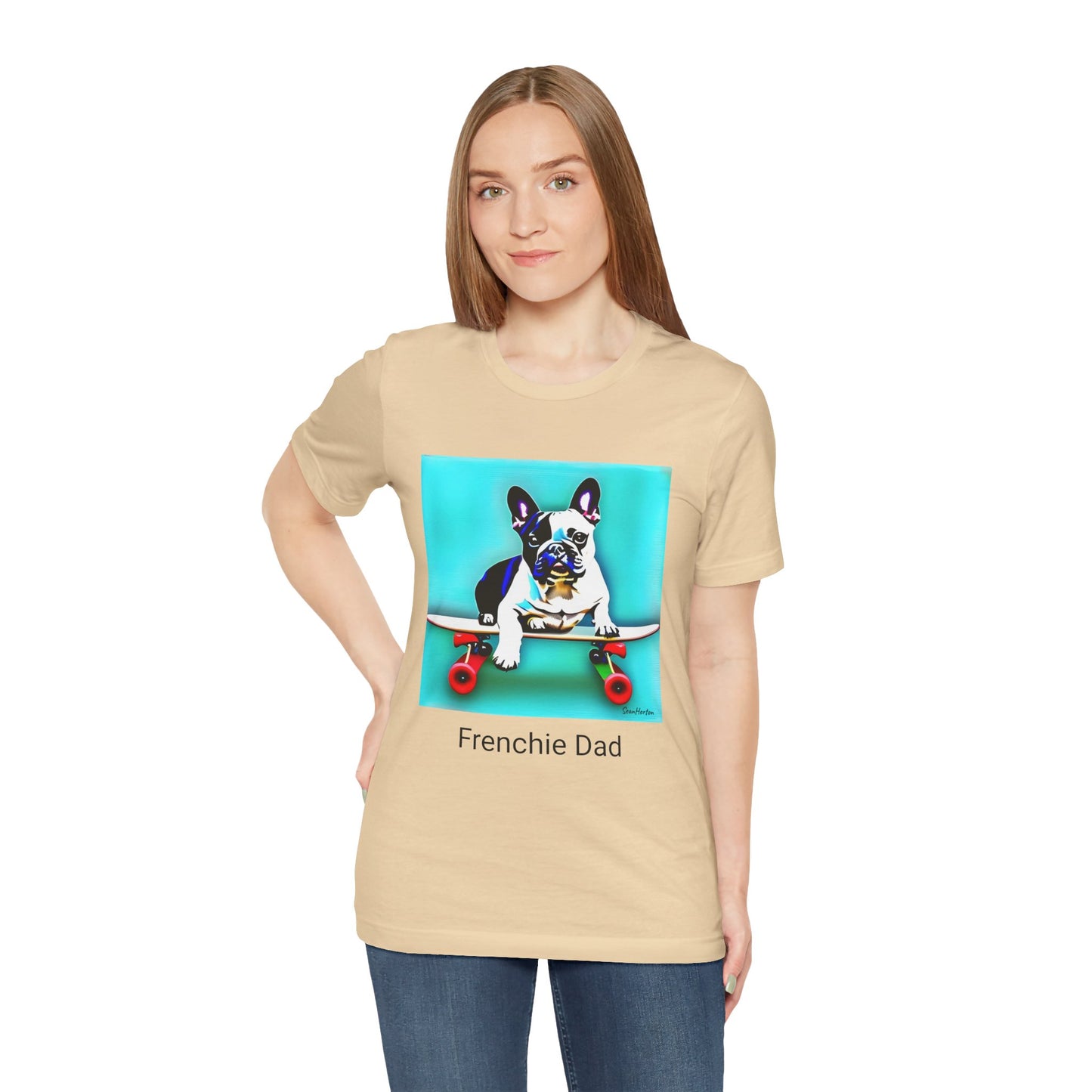 Frenchie on a Skateboard/Frenchie Dad Unisex Jersey Short Sleeve Tee