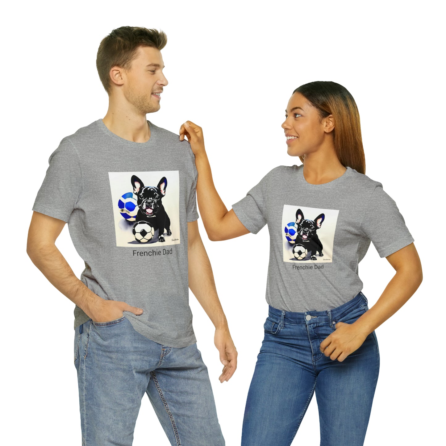 Frenchie with Soccer Ball/Frenchie Dad Unisex Jersey Short Sleeve Tee