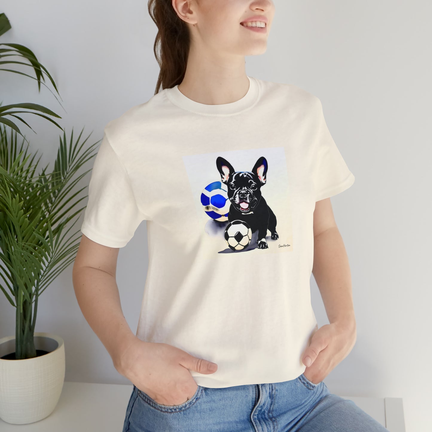 Frenchie with Soccer Ball Unisex Jersey Short Sleeve Tee
