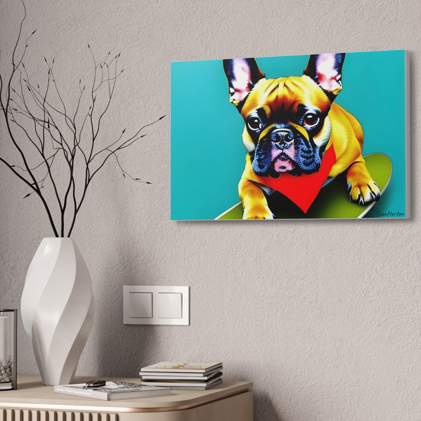 Frenchie on a Skateboard #2 (Horizontal) Canvas Stretched, 1.5''