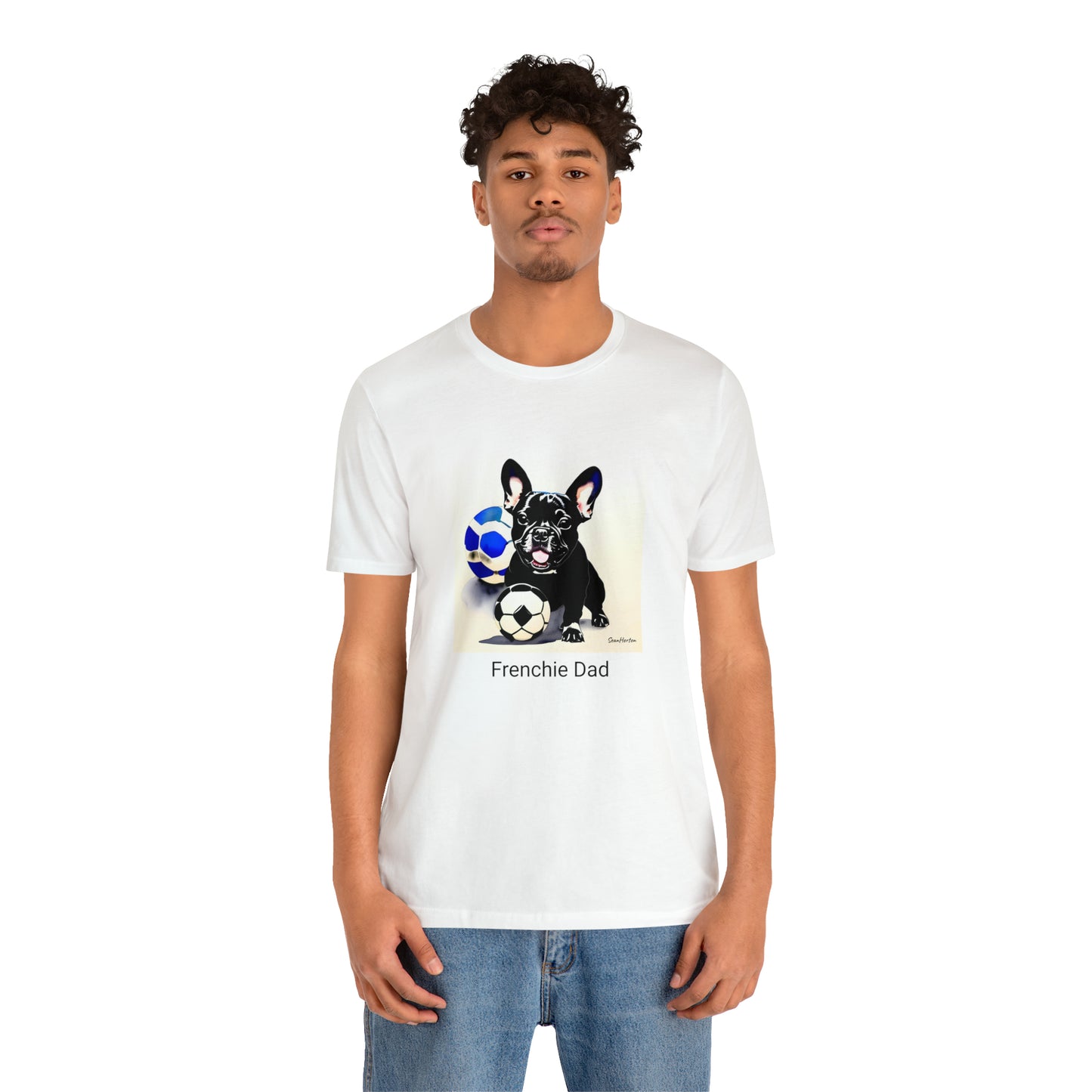 Frenchie with Soccer Ball/Frenchie Dad Unisex Jersey Short Sleeve Tee