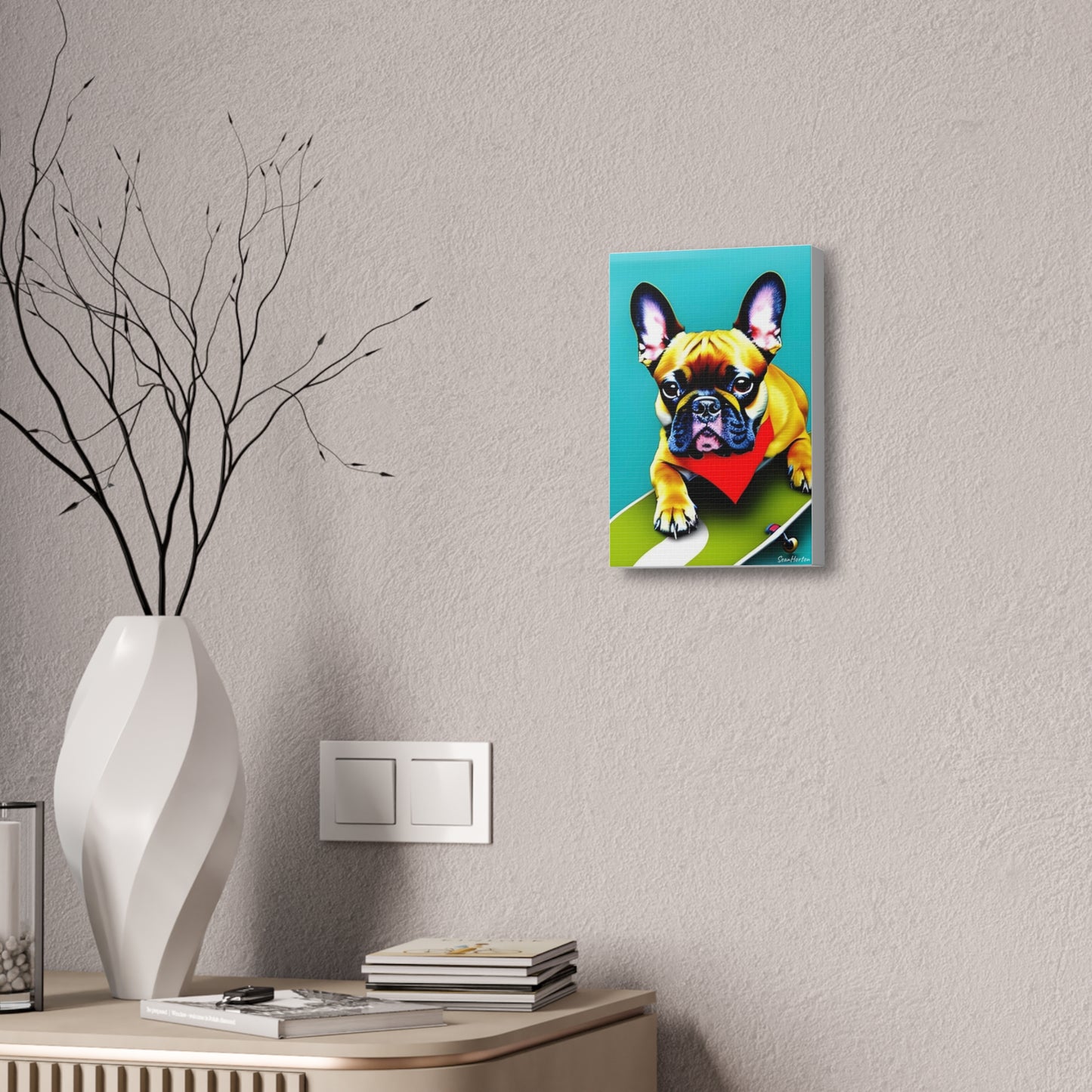 Frenchie on a Skateboard #2 (Verticle) Canvas Stretched, 1.5''