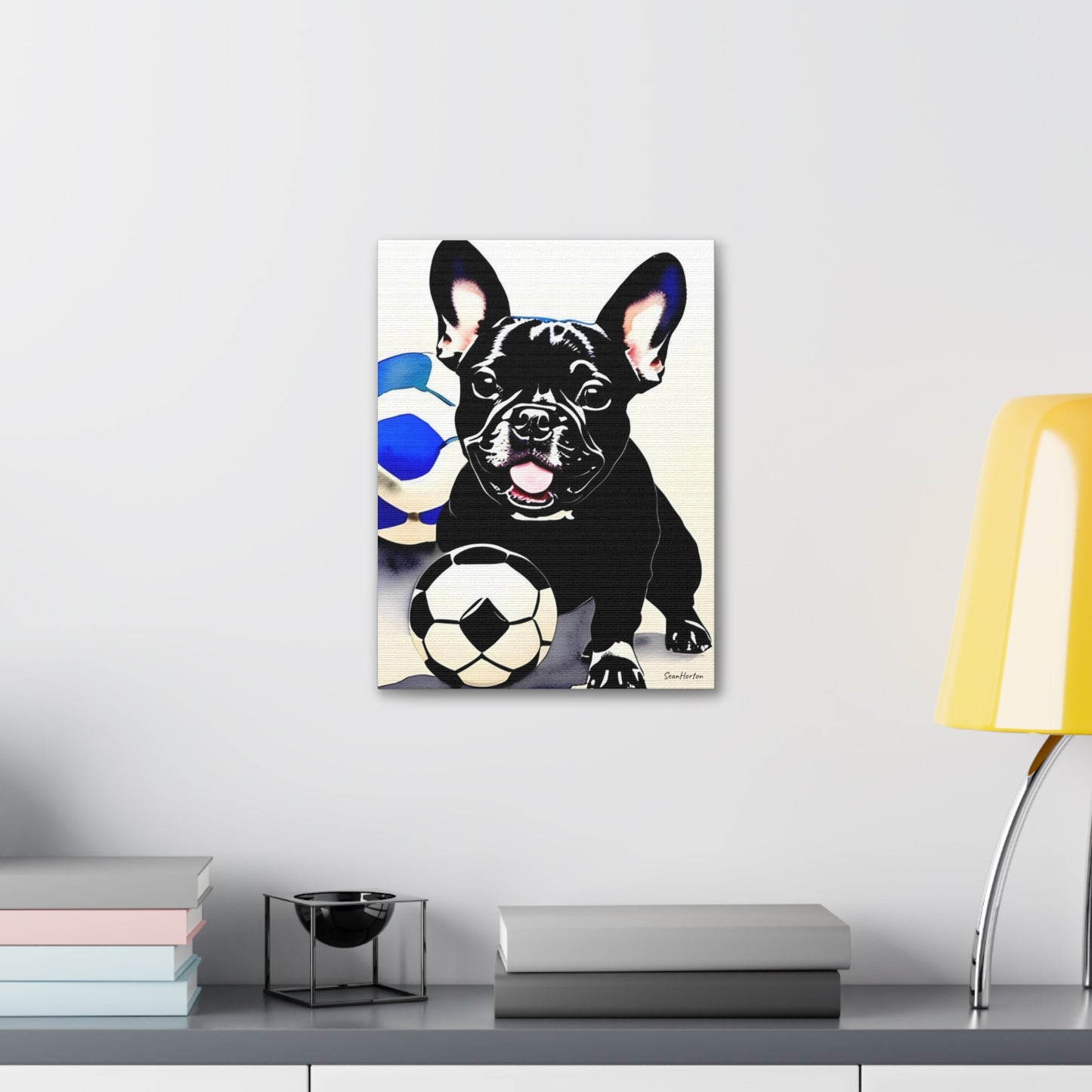 Frenchie with a Soccer Ball (Verticle) Canvas Stretched, 1.5''