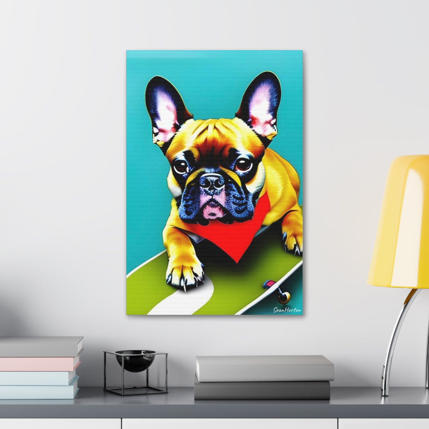 Frenchie on a Skateboard #2 (Verticle) Canvas Stretched, 1.5''