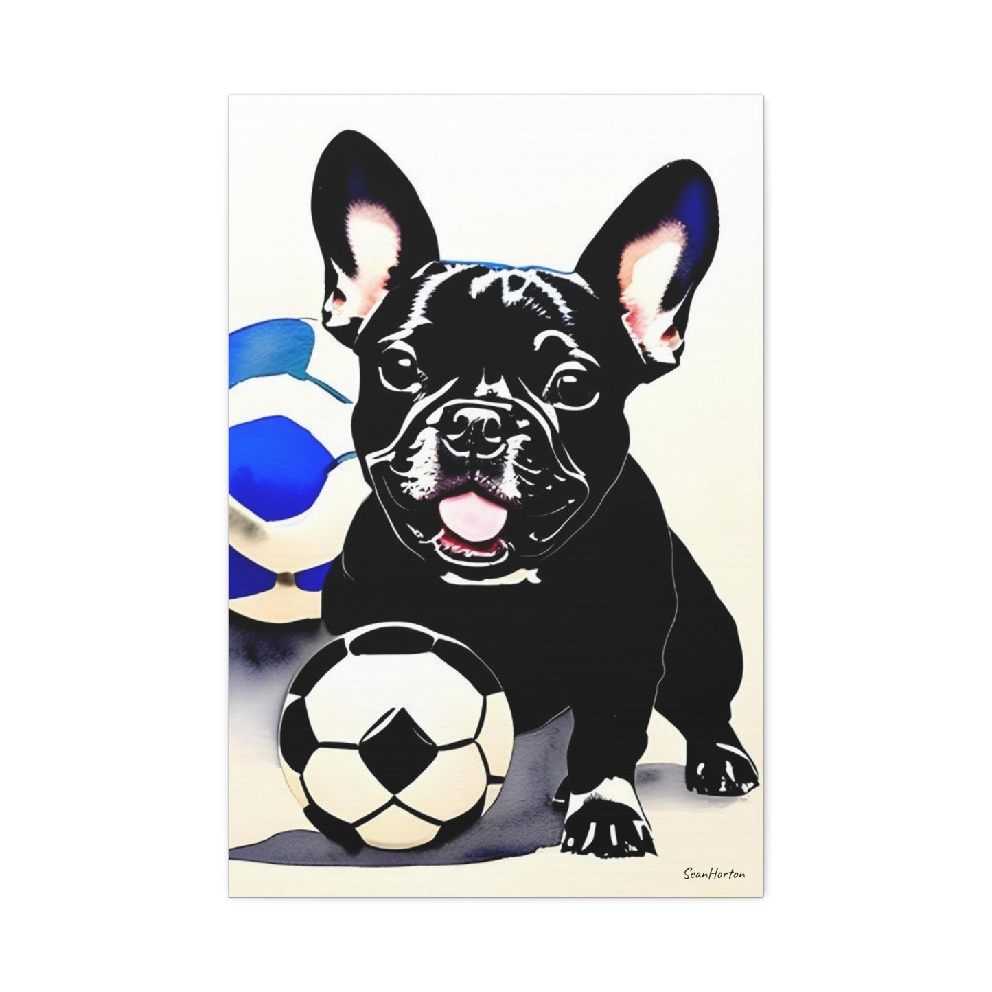 Frenchie with a Soccer Ball (Verticle) Canvas Stretched, 1.5''