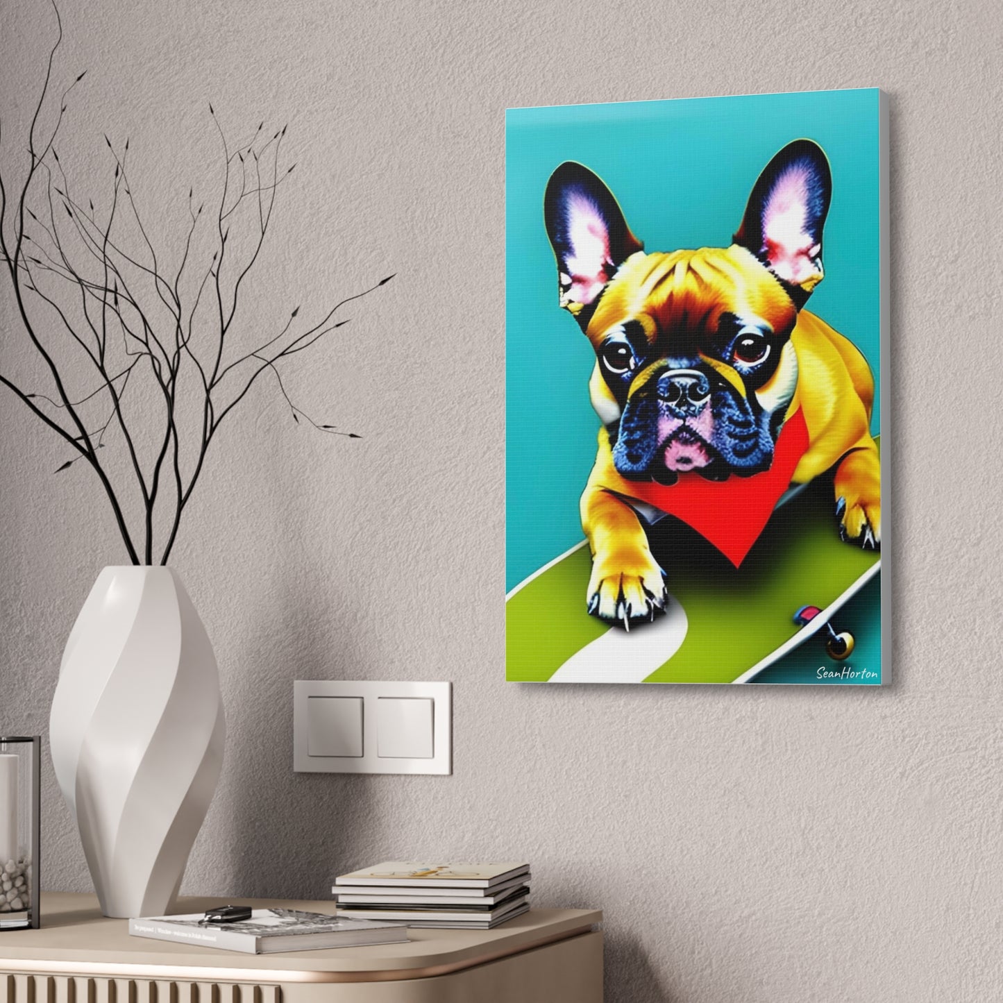 Frenchie on a Skateboard #2 (Verticle) Canvas Stretched, 1.5''
