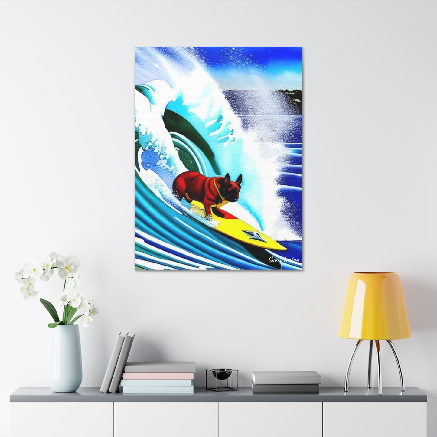 Surfing Frenchie (Verticle) Canvas Stretched, 1.5''