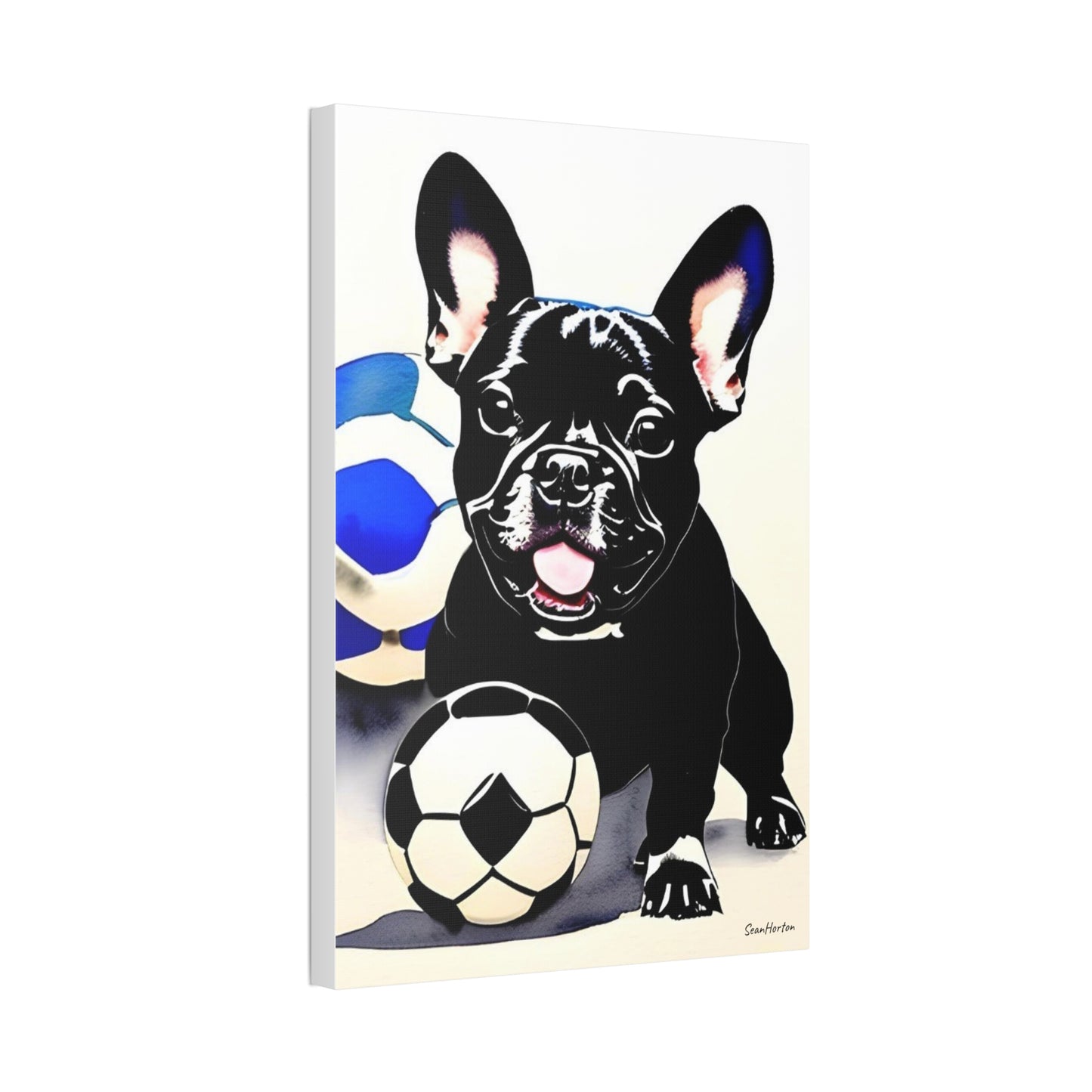 Frenchie with a Soccer Ball (Verticle) Canvas Stretched, 1.5''