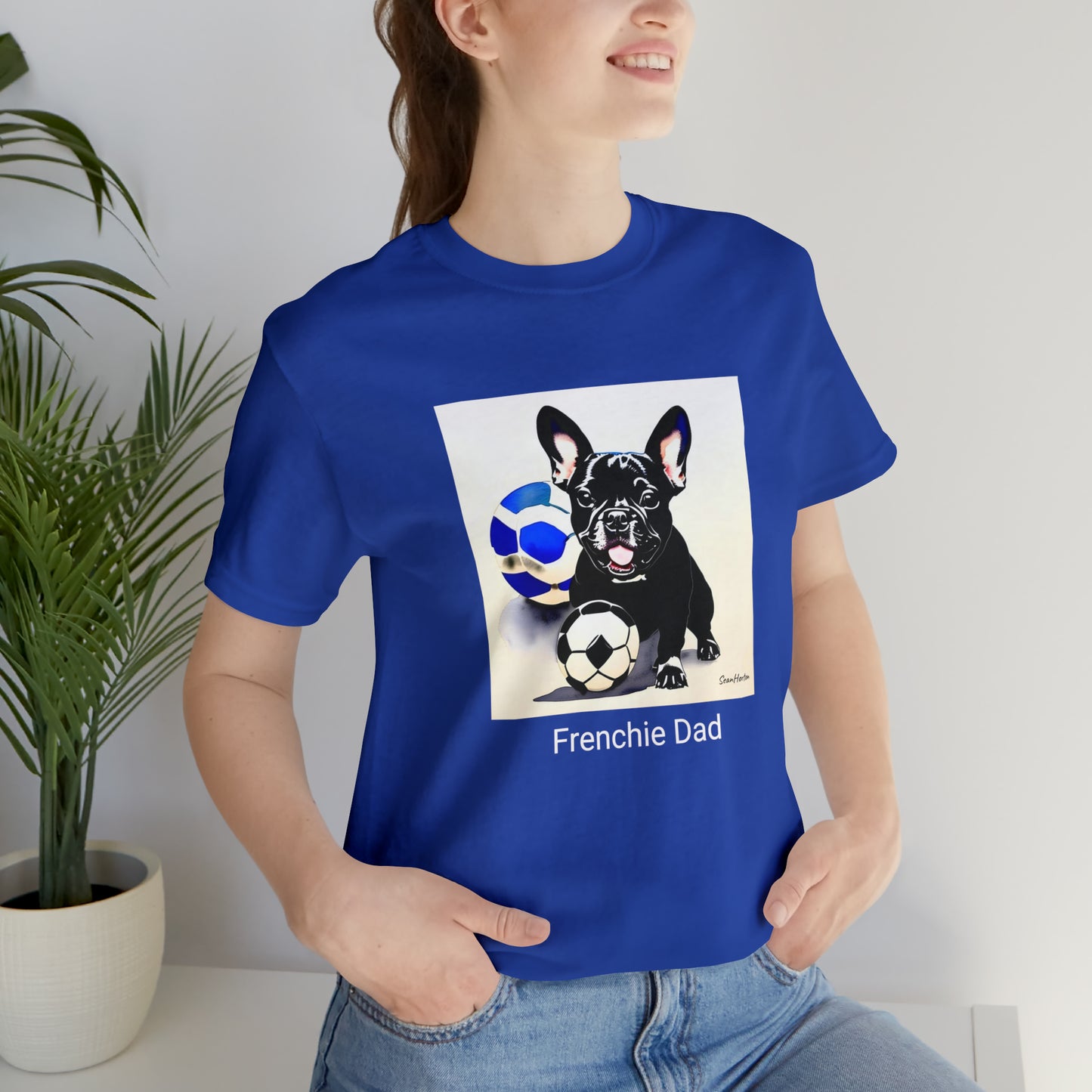 Frenchie with Soccer Ball/Frenchie Dad Unisex Jersey Short Sleeve Tee