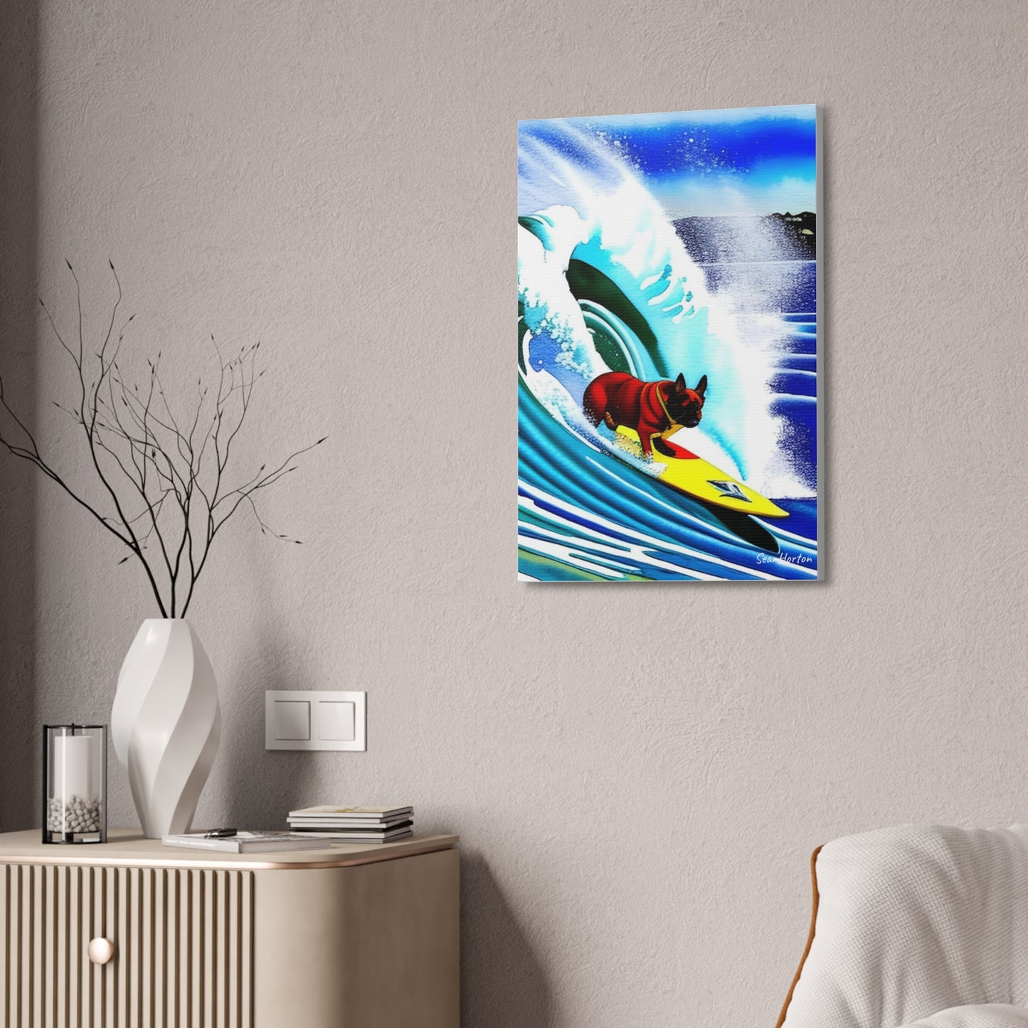 Surfing Frenchie (Verticle) Canvas Stretched, 1.5''