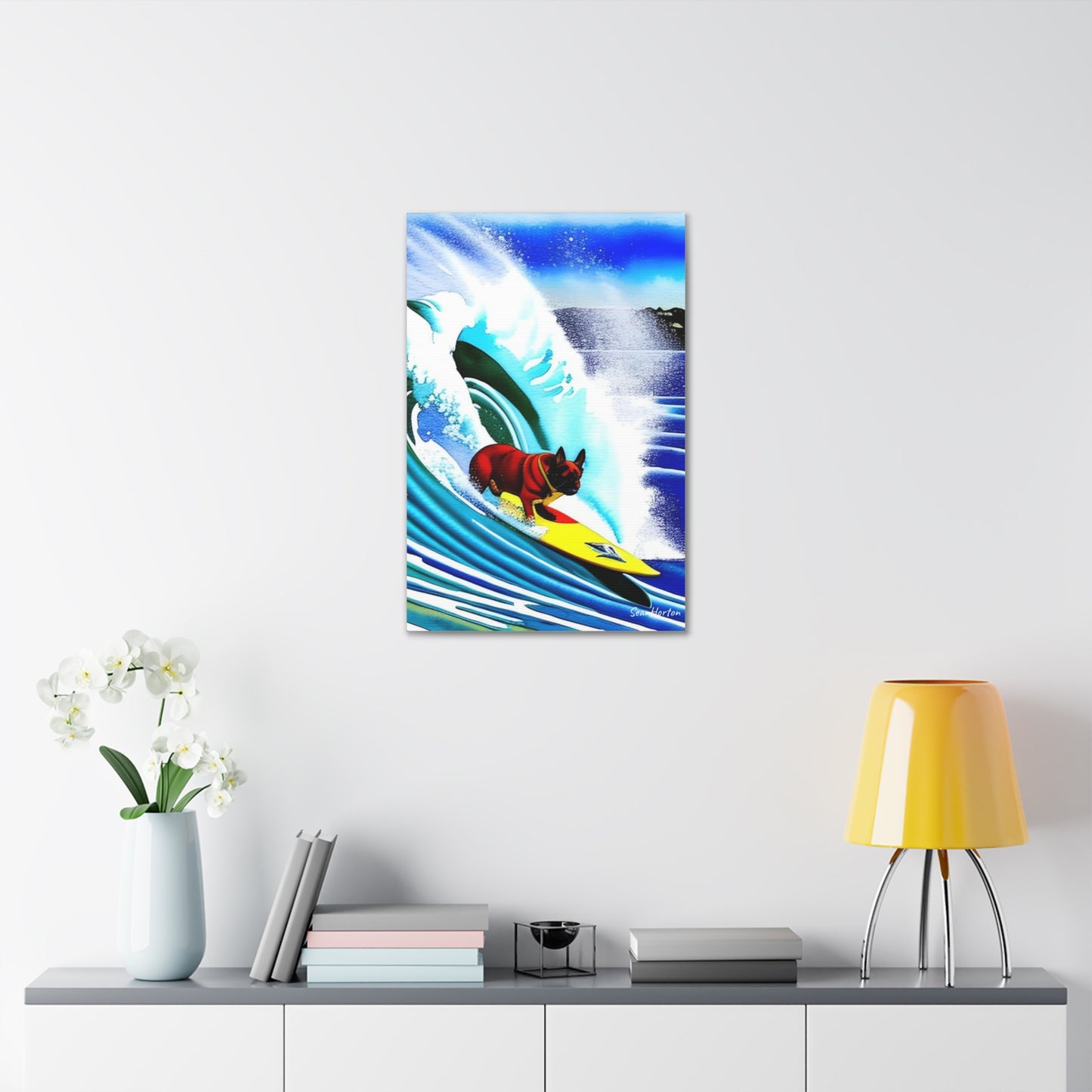 Surfing Frenchie (Verticle) Canvas Stretched, 1.5''