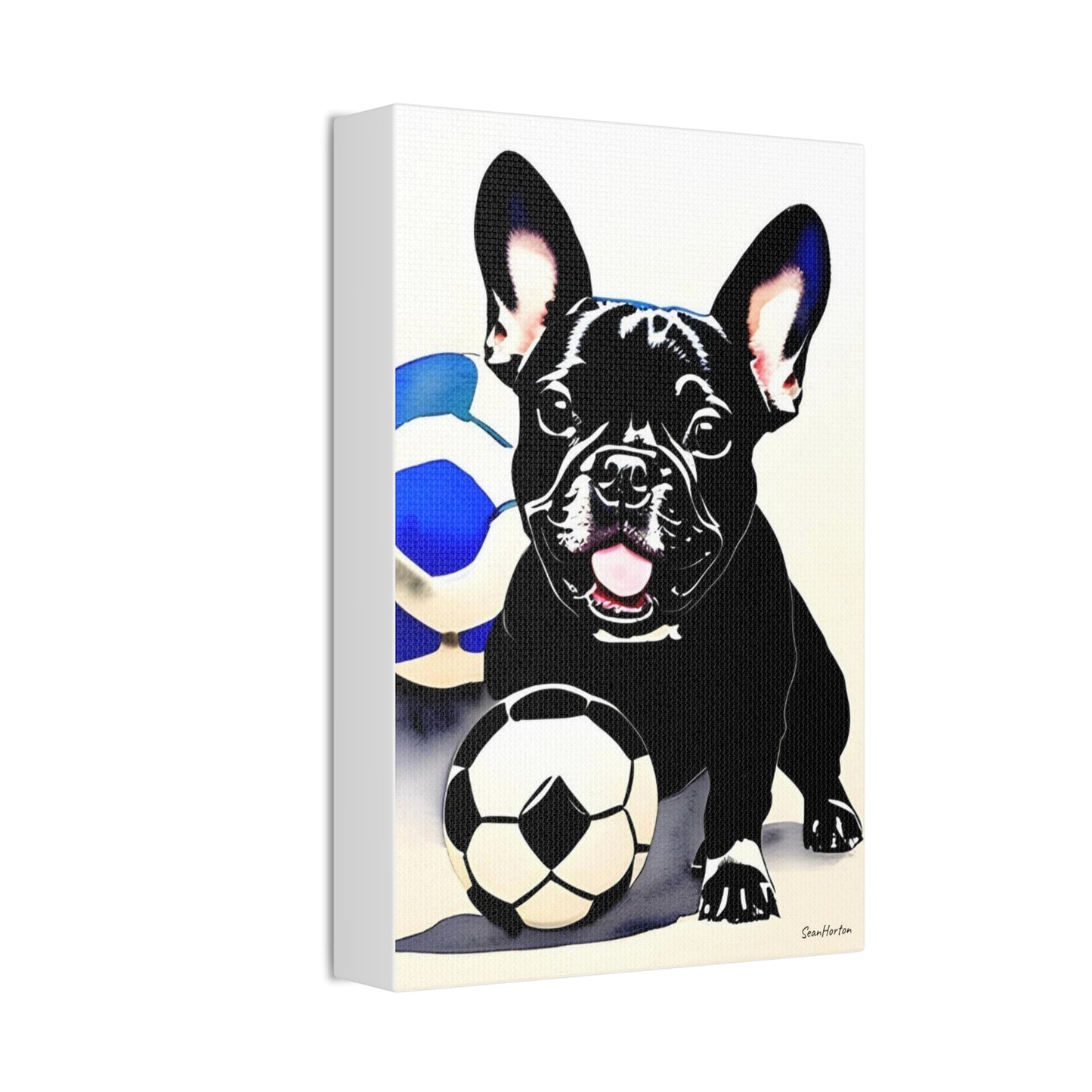 Frenchie with a Soccer Ball (Verticle) Canvas Stretched, 1.5''