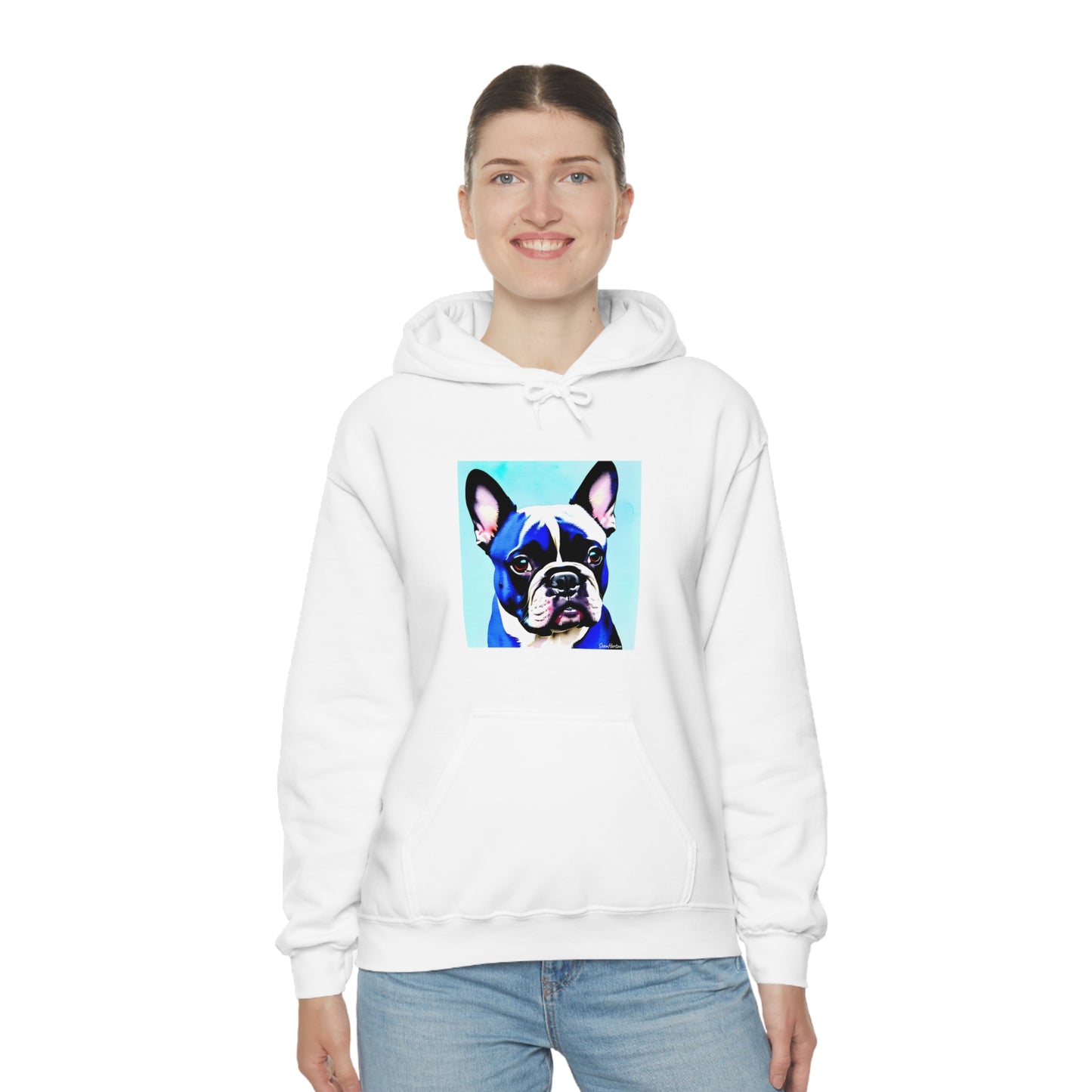 Blue Frenchie/Frenchie Mom on Back Unisex Heavy Blend™ Hooded Sweatshirt