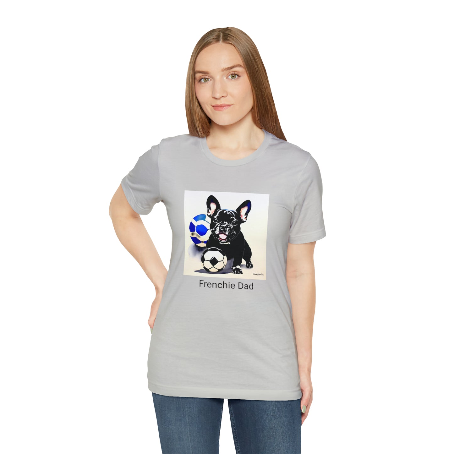 Frenchie with Soccer Ball/Frenchie Dad Unisex Jersey Short Sleeve Tee