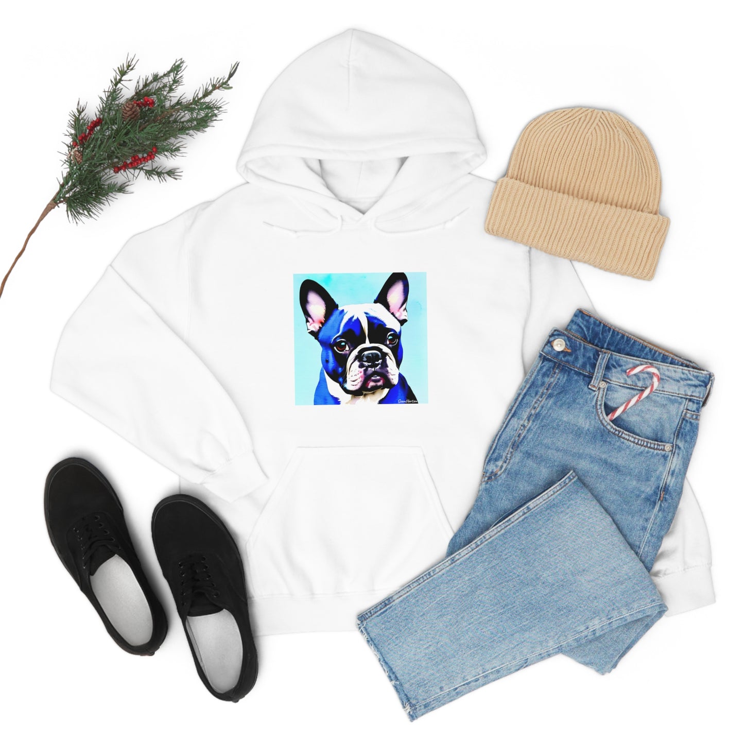 Blue Frenchie/Frenchie Mom on Back Unisex Heavy Blend™ Hooded Sweatshirt